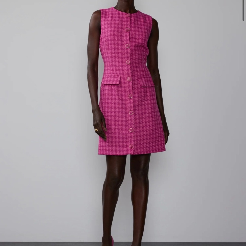 Sleeveless Button Front Tweed Shift Dress